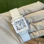 Cartier Santos Rubber Strap Bracelet Fixed Bezel White Dial