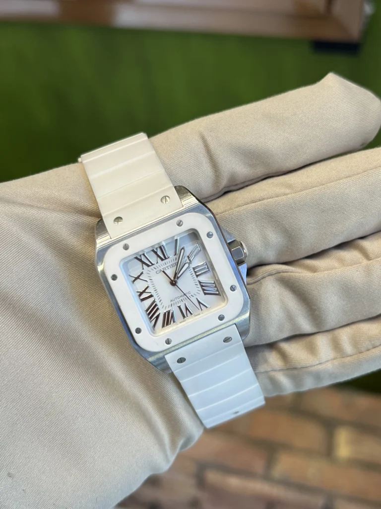 Cartier Santos Rubber Strap Bracelet Fixed Bezel White Dial