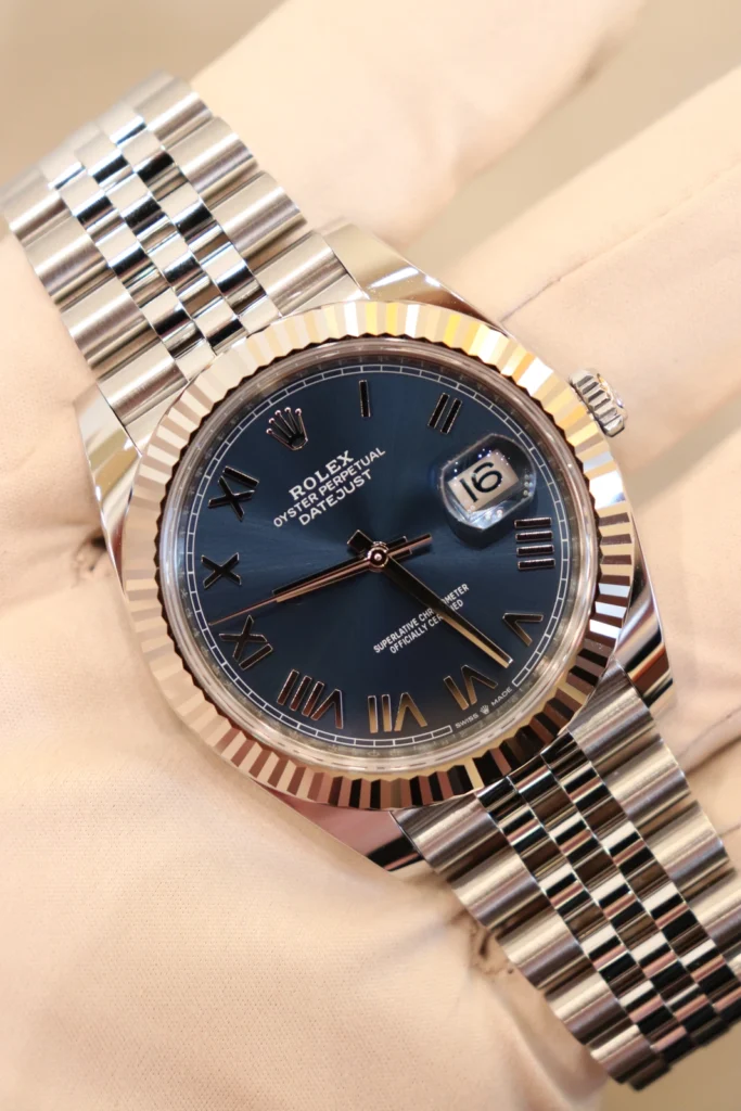 Rolex Datejust 41 Oyster Bracelet Fluted Bezel Bright Blue Roman Dial