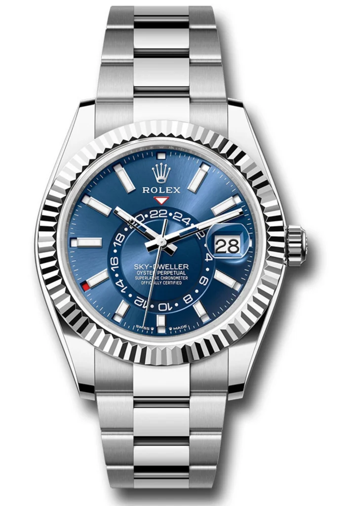 Rolex SkyDweller Oyster Bracelet Fluted Bezel Blue Index Dial