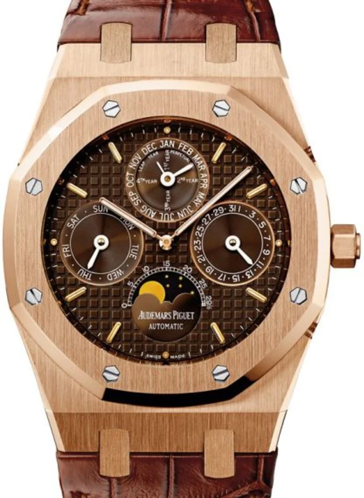 Audemars Piguet Royal Oak Perpetual Calendar Leather Strap Bracelet Fixed Bezel Brown Dial