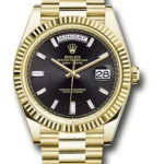 Rolex Day-Date 40 President Bracelet Fluted Bezel Black Baguette Diamond Dial