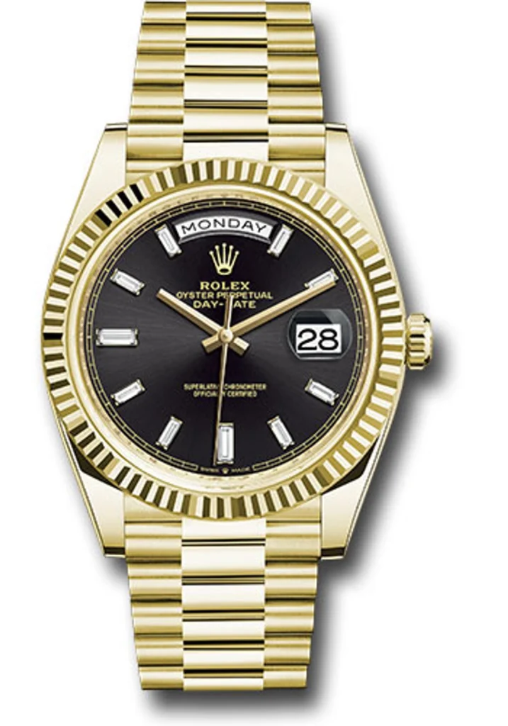 Rolex Day-Date 40 President Bracelet Fluted Bezel Black Baguette Diamond Dial
