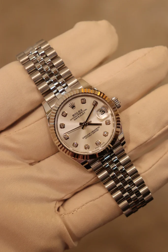 Rolex Datejust 31 Jubilee Bracelet Fluted Bezel Silver Diamond Dial