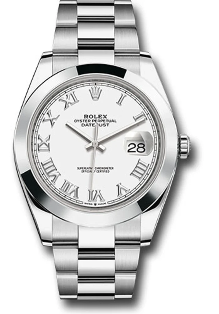 Rolex Datejust 41 Oyster Bracelet Smooth Bezel White Roman Dial
