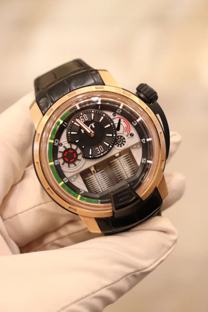 HYT H1 Leather Strap Bracelet Gold Bezel Black Dial